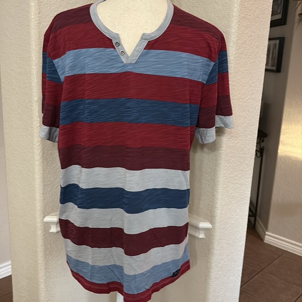 INC International Concept blue & red striped split neck t-shirt Size L